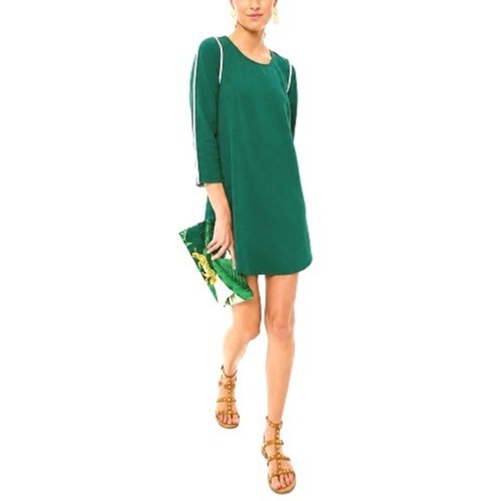 Tuckernuck Green Seamed White Piping Lagenlook 3/4 Sleeve Swing Shift Dress L
